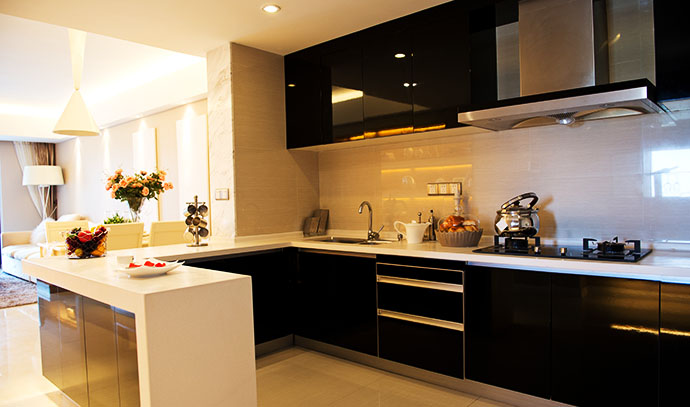 latest-kitchen-design-bkack-white-drawers-dim-light