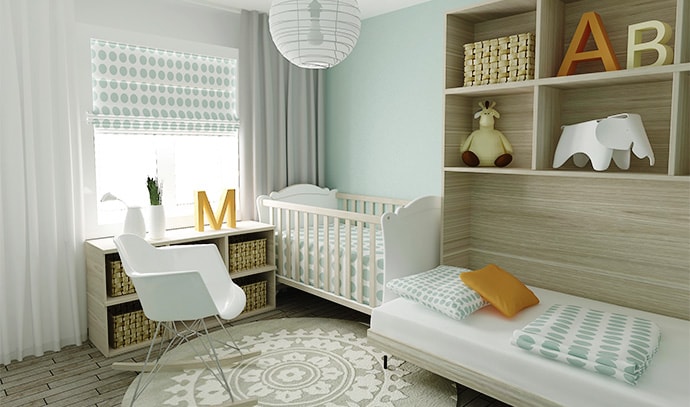 baby-bedroom-blue-polka-dots-wooden-shelves-white-sheets