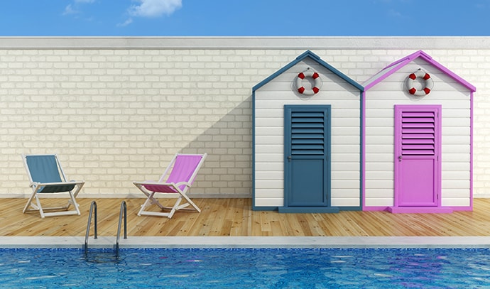 vacation-two-pool-romantic-scene-blue-pink-cabins-deck-chair-poolside