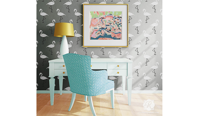 royal-design-studio-study-desk-flamingo-wallpaper-stencil-art